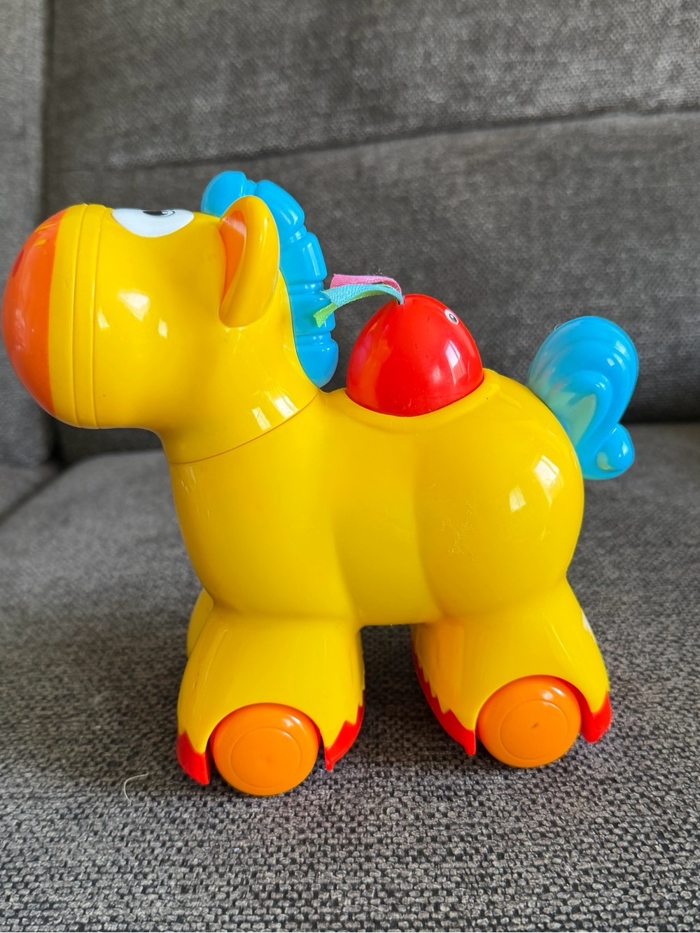 Toys R Us Yellow Plastic Pony Toy with Blue Mane and Red Saddle